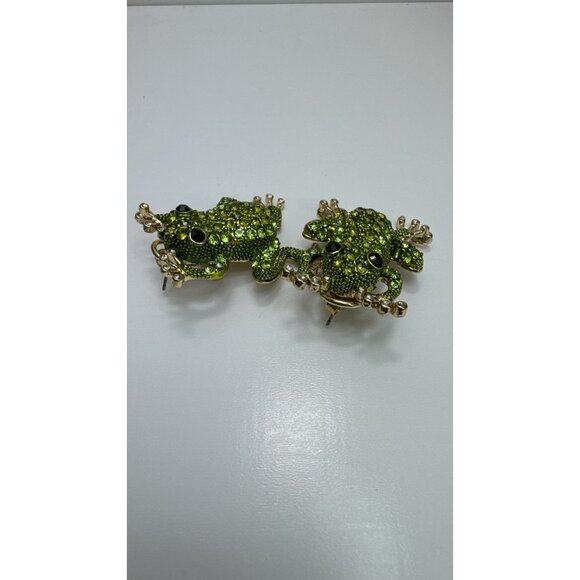 ZARA Green Frog Rhinestone Earrings Gold Tone Animal Statement Jewelry - Picture 3 of 7